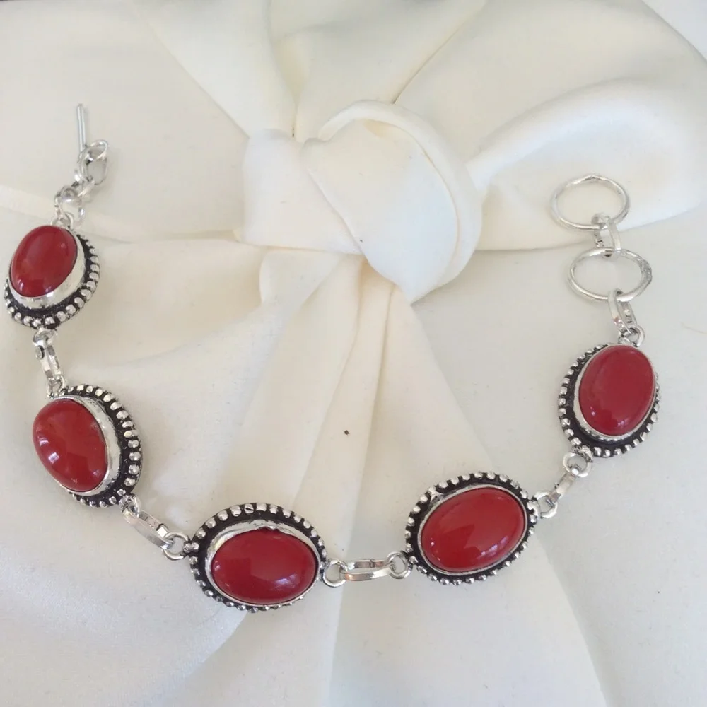 Sterling Silver 925 Coral Link Chain Bracelet - Picture 4 of 12